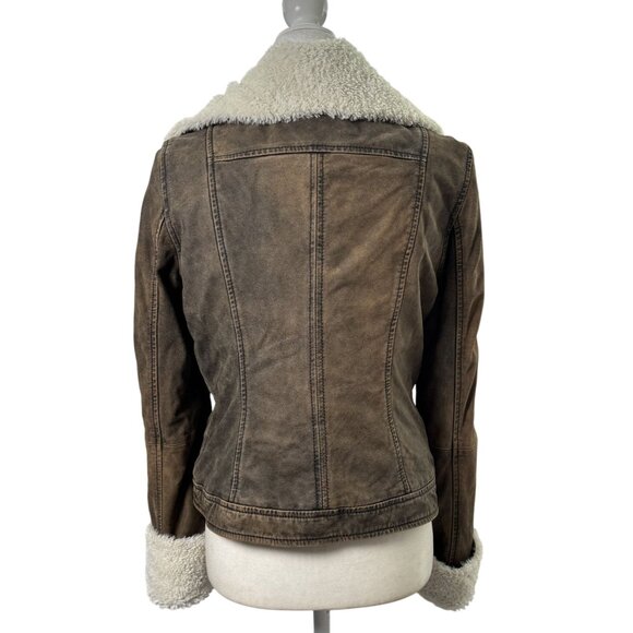 Women Small Sherpa Lined Faux Leather Aviator Bomber Jacket Brown Winter - Picture 3 of 10